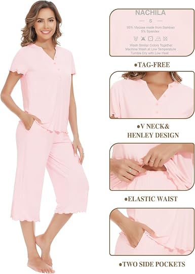 NACHILA Women's Bamboo Pajamas Set - Soft Short Sleeve Henley Top & Capri Pants Sleepwear, S-4XL - View #10