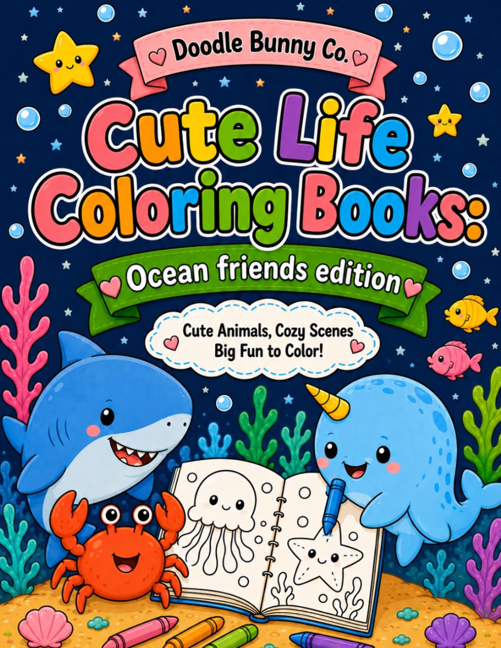 Cute Life Coloring Books: Ocean Friends Edition: Cute Ocean Animals, Cozy Sea Scenes & Easy Kawaii Coloring Fun for Kids, Teens & Adults