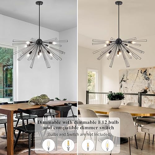 Miniatura 2 de ETONIMERR Candelabro moderno de mediados de siglo Sputnik negro con 8 luces Starburst para comedor, sala de estar, dormitorio, cocina, entrada,