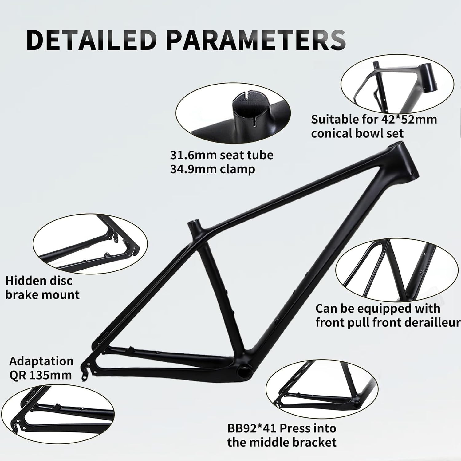 Carbon Fiber Mountain Bike Frame 27.5er 29er XC Hardtail Mountain Bike Frame 15''/17''/19'' with Disc Brake Quick Release Frame BB92 Routing Internal