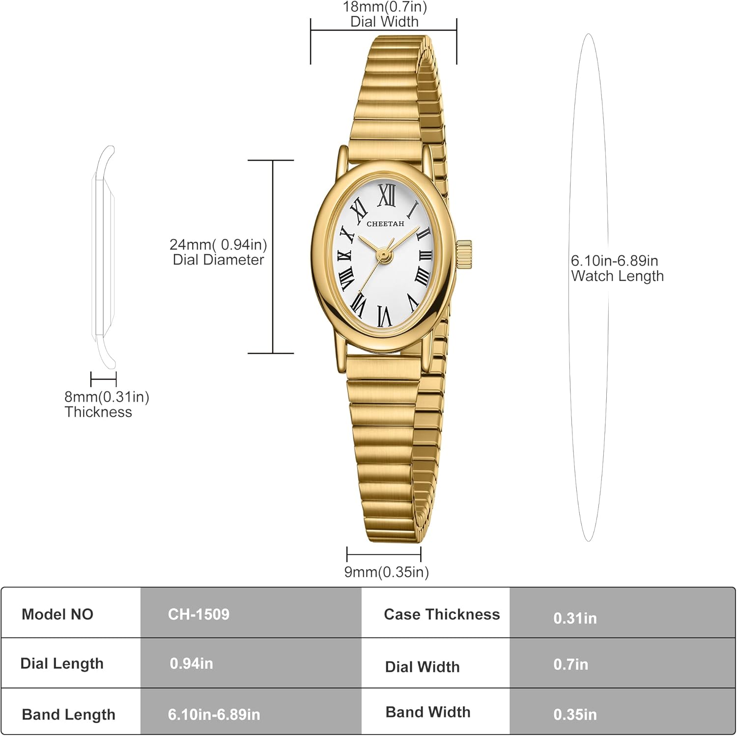 CHEETAH Dainty Gold Watches for Women, with Stainless Steel Expansion Band, Small Oval Case, Analog Roman Dial - Image 4