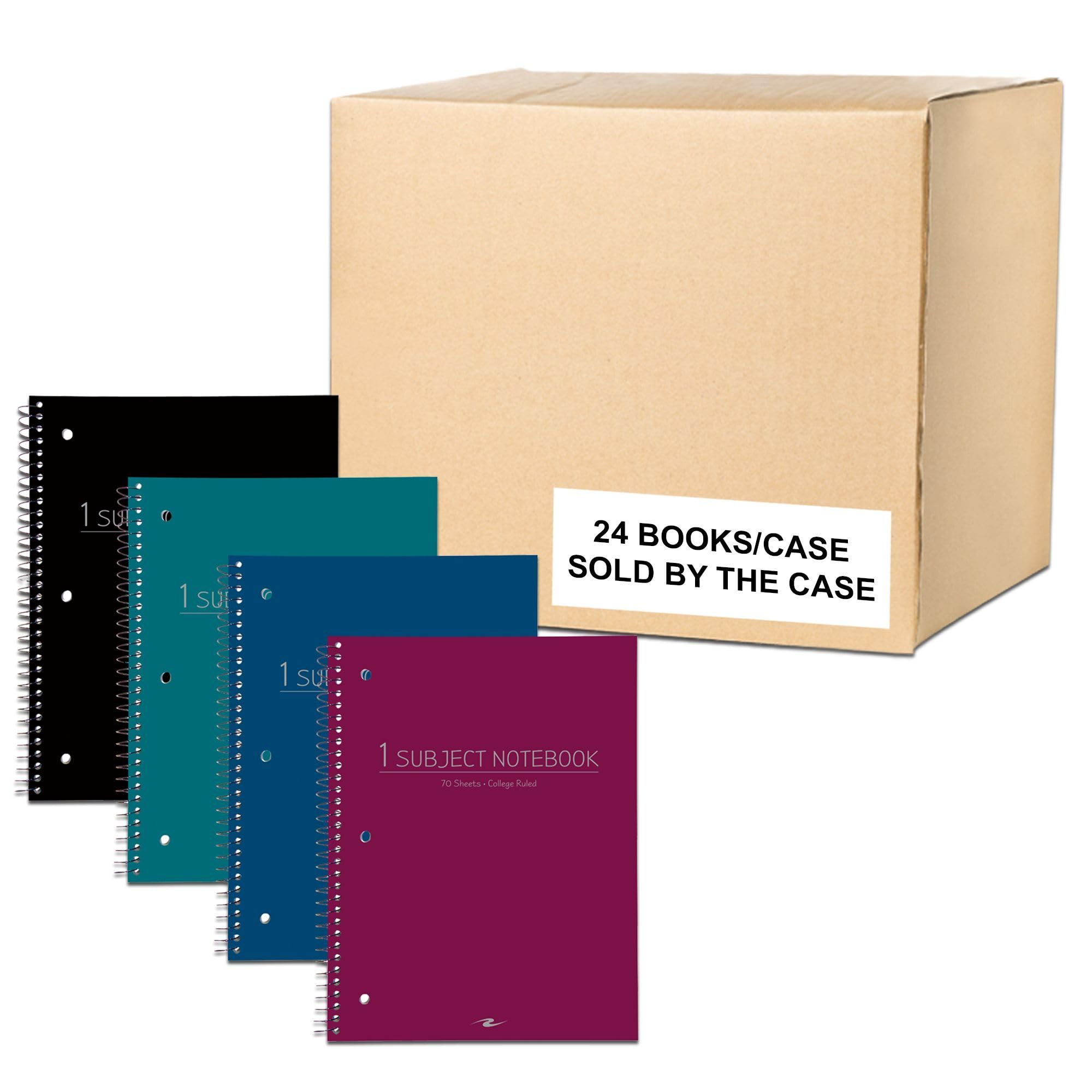 Caso di 24 quaderni a filo con un soggetto, 10,5 "x8", 70 fogli 15 # carta bianca, copertine di colori assortiti, righe universitarie con margine