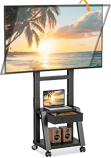 XINLEI Rullande TV-stativ med låda för 32-70 tums LCD/LED/OLED | VESA 600x400, mobil TV-vagn med dubbel pelare och 8° lutning. 2 hyllplan – för hemmabruk, på kontoret och utomhusbruk, 55 kg