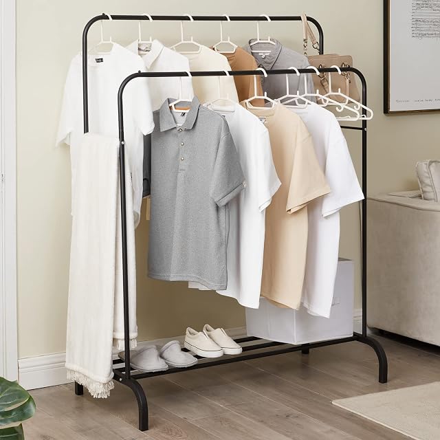 Vivo Technologies Clothes Rail Double Hanging Rails Garment Rack with Shelf Heavy-duty Clothing Rail Double Clothes Rail for Bedroom, Living Room Black