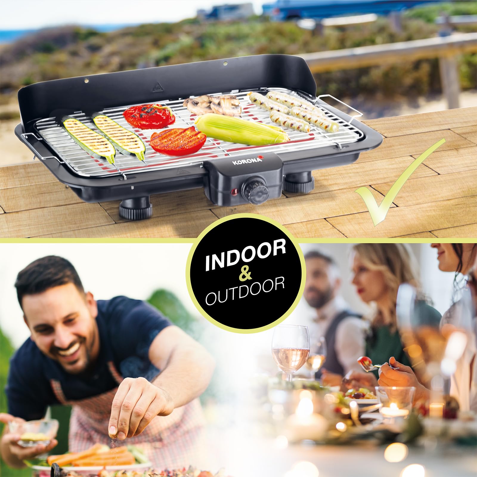 Korona 46117 Elektrischer Barbecue Tischgrill mit XXL-Grillfläche (51 x 30 cm) | 2200 Watt | Abnehmbares Heizelement | Sicherheitsschalter | Stufenlose Temperatureinstellung
