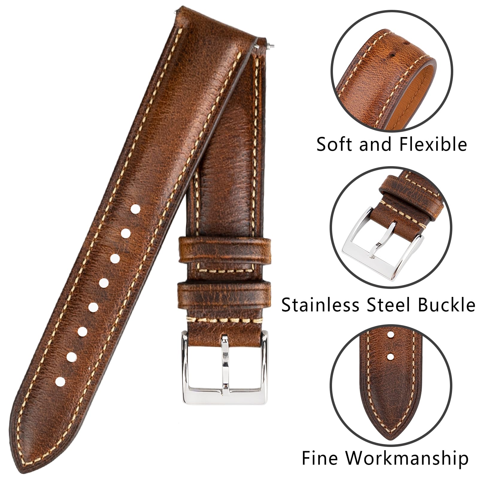 Bracelet de montre en cuir à dégagement rapide de 14 mm, 16 mm, 18 mm, 19 mm, 20 mm, 21 mm, 22 mm, 24 mm, bracelet de montre de rechange vintage en cuir tanné à la cire pour homme et femme