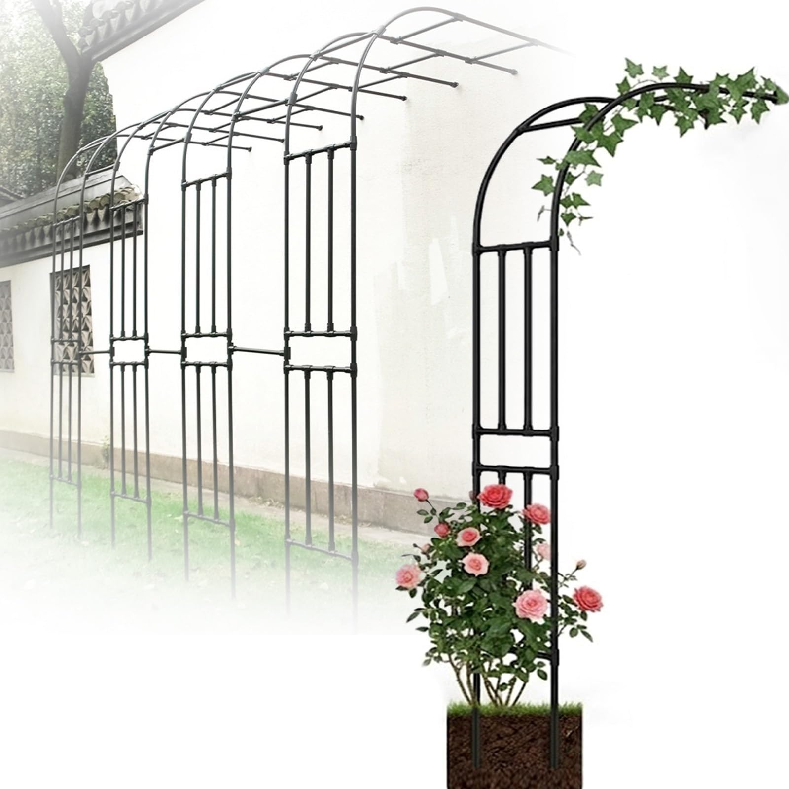 Arche À Rosiers en Métal, Arceau De Jardin Demi-latérale, Treillis Et Support pour Plantes Grimpantes, Pergola Déco pour Extérieur, Terrasse, Mariage Et Cérémonie(Black,W150*H240cm)