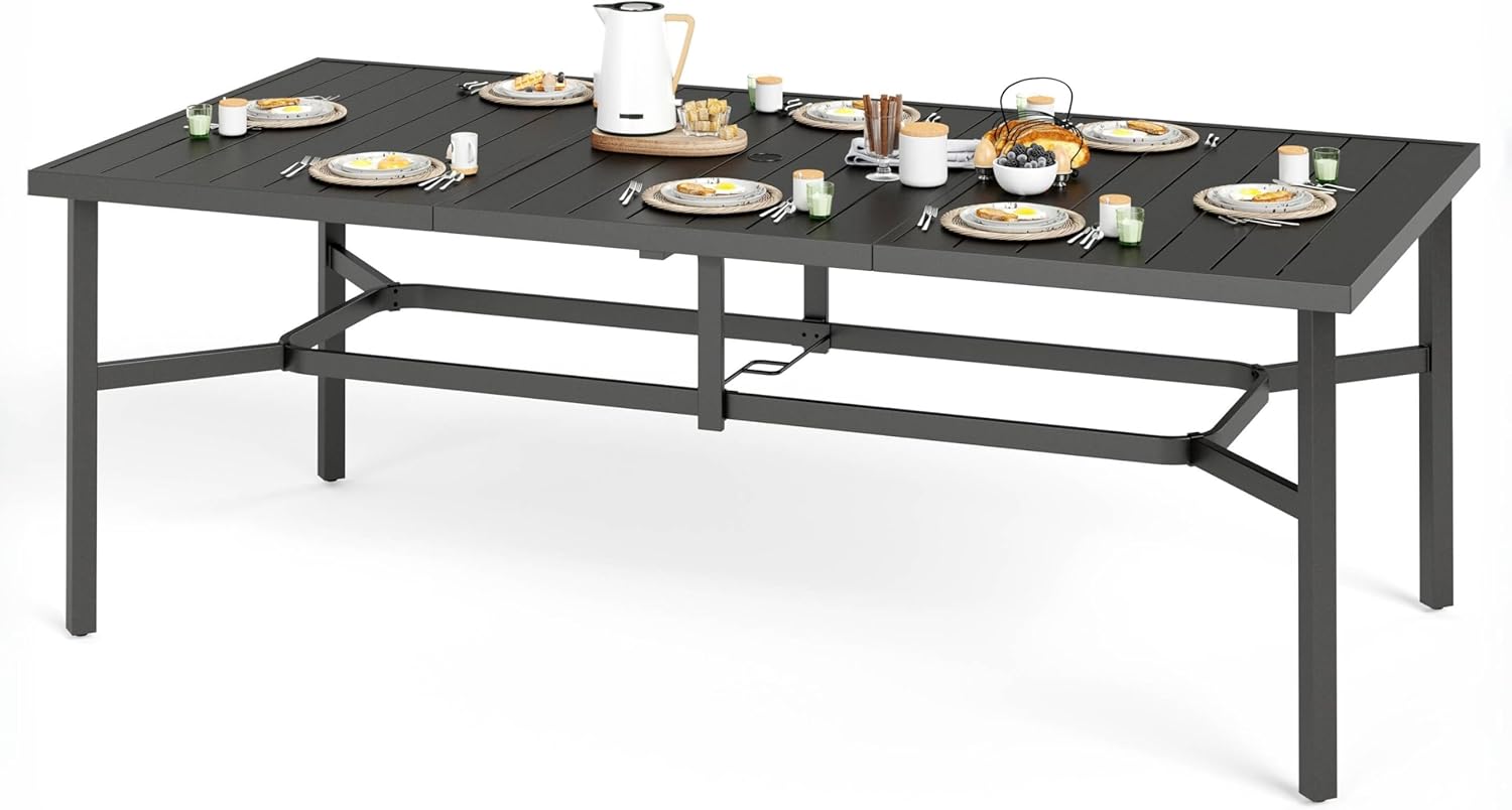 SUNSHINEVALLEY 83" Rectangle Patio Dining Table for 8, Rust-Resistant Metal Outdoor Table with Umbrella Hole, E-Coating Steel Frame