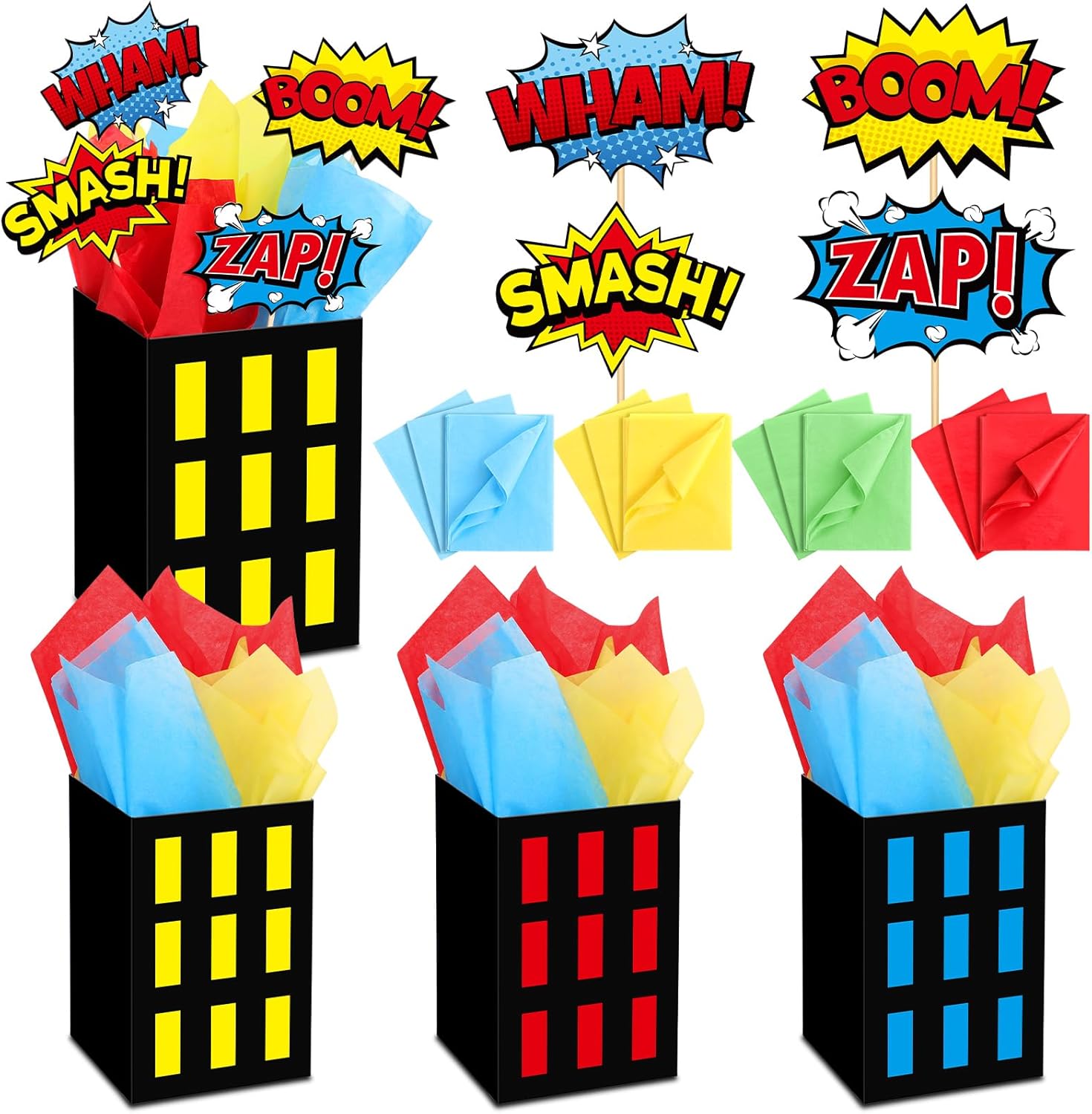 12 Sets Hero Theme Party Decoration Hero Boxes Centerpiece (7.9 x 5.1 x 5.1 Inch) Sticks with Tissue Paper Standing Cards Birthday Baby Shower Party Supplies (Red,Yellow,Blue)