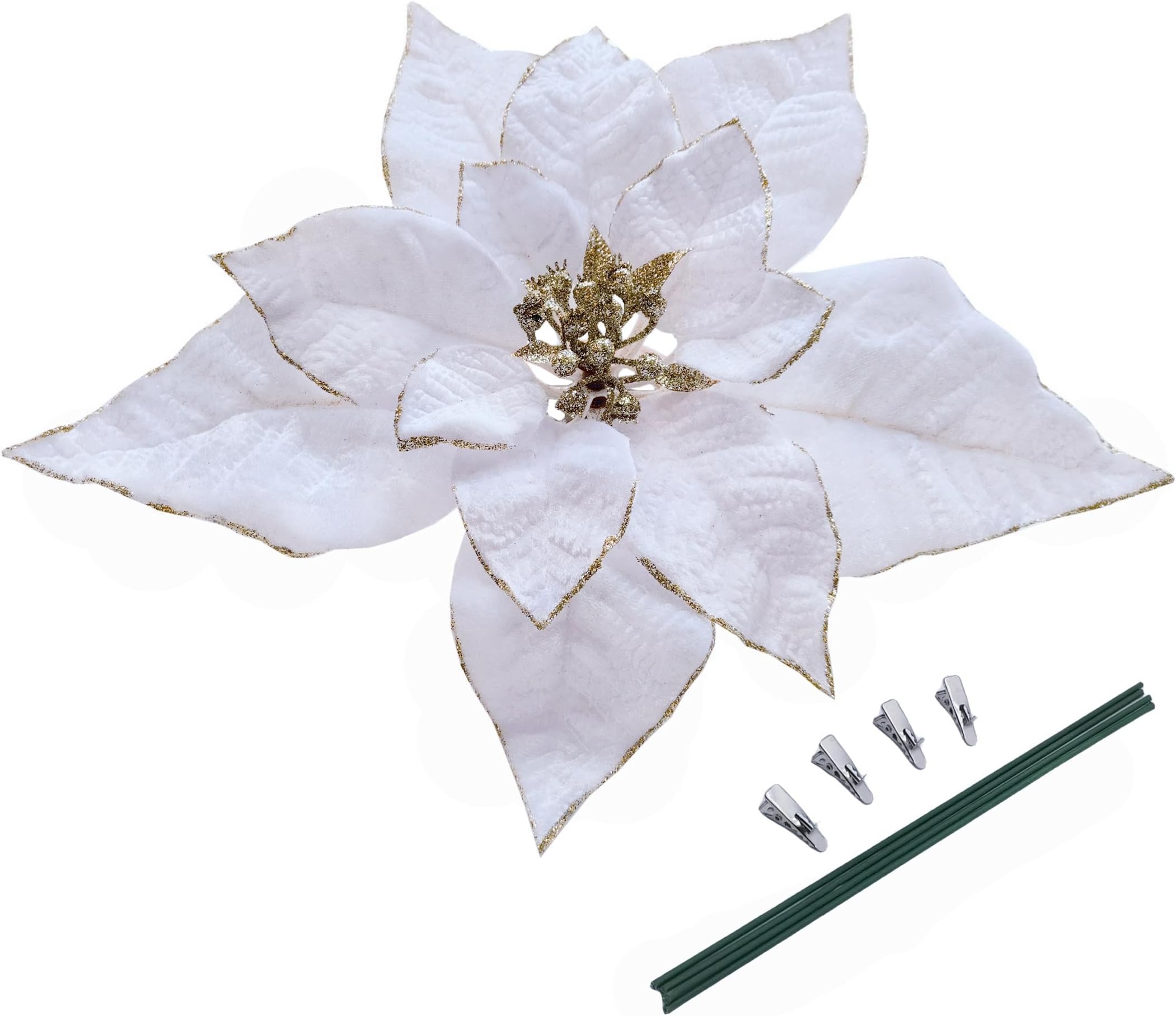 M2cbridge Artificial Christmas Flowers Red Velvet Poinsettia Floral Picks for Christmas Wreath Tree Ornaments(4pcs Extra Large White)