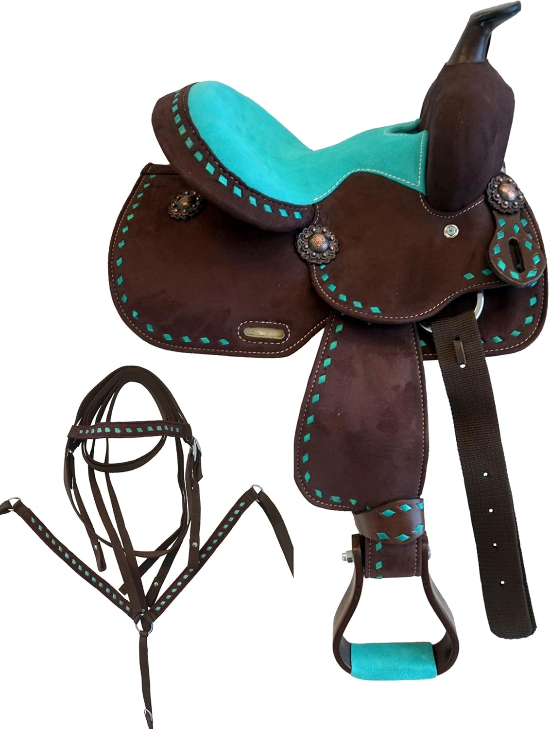 10" Western Buckstitch Synthetic Saddle with Color Suede Seat with Matching Headstall Breastcollar