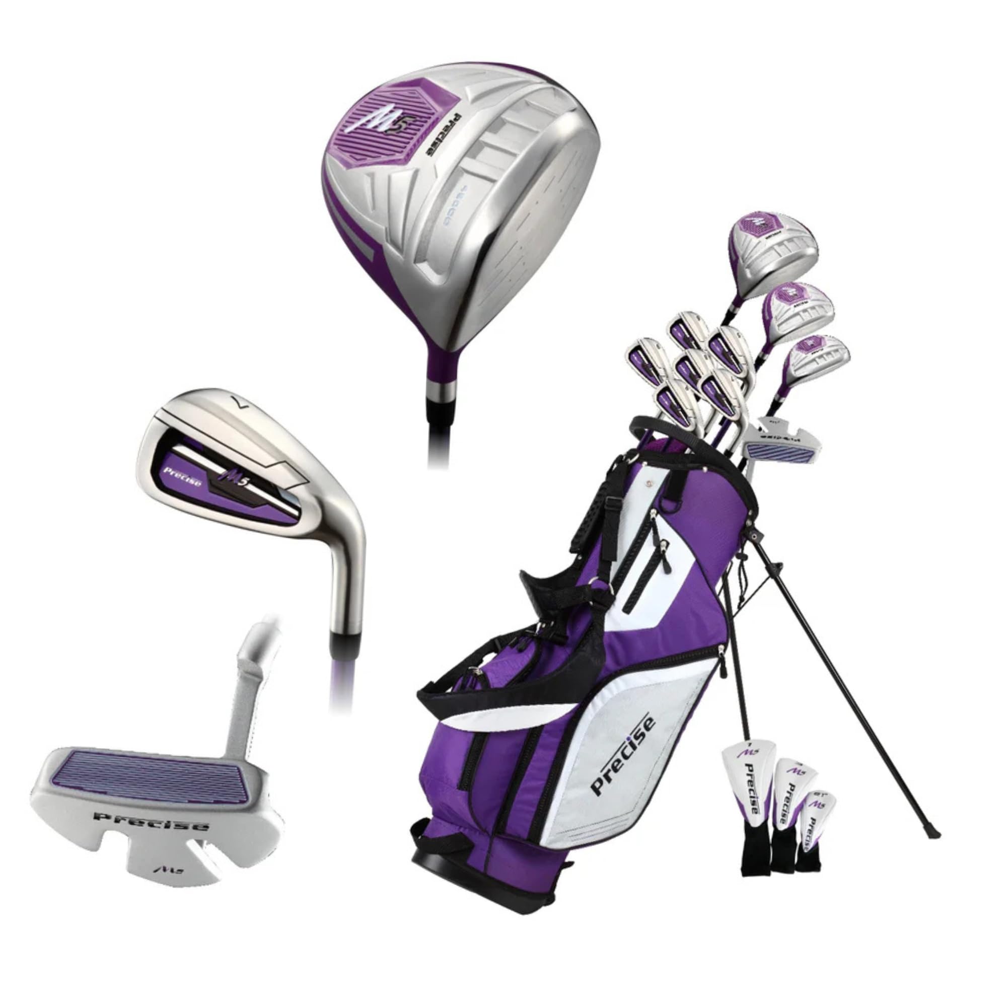 Precise M5 Women’s Golf Clubs Set – Complete Right-Handed Set with Titanium Driver, S.S. Fairway & Hybrid, 5-PW Irons, Putter, Stand Bag & Headcovers – Graphite Shafts – Purple – Petite/Standard/Tall