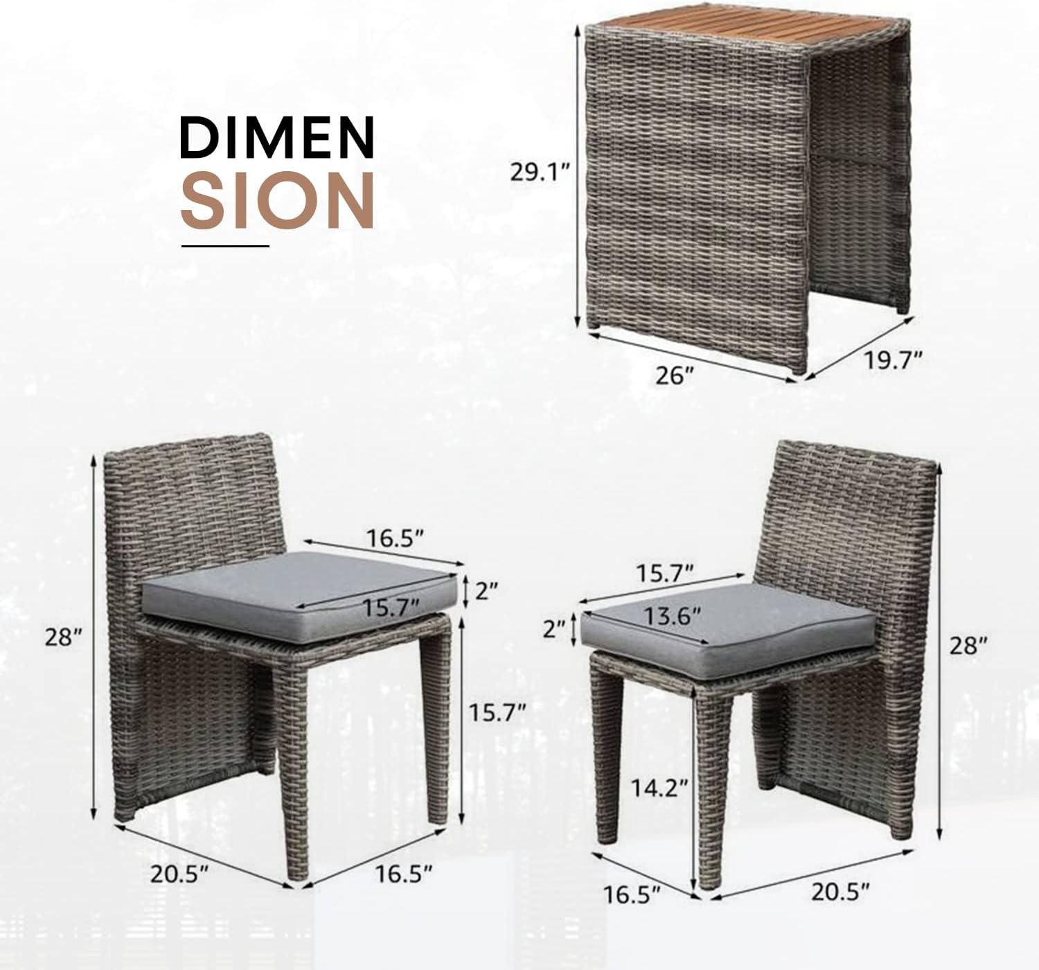 AcePRO 3-Piece Rattan Bistro Set Outdoor Patio with Grey Cushions, NO Assembly : Patio, Lawn & Garden