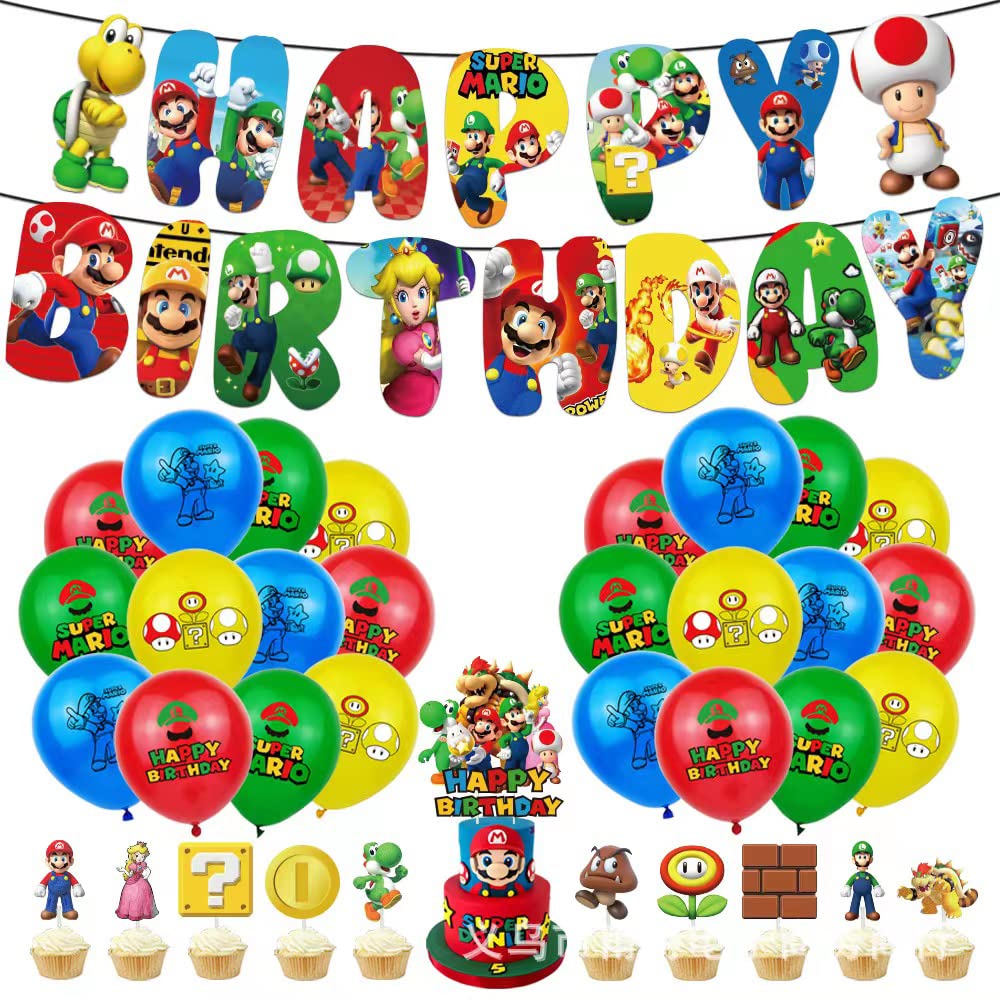 YOOYEH Mario Birthday Party Decorations, 1 Happy Birthday Banner 12 Latex Balloons Balloons 11 Cake Toppers Birthday Party Super Mario Decoration Suppliesfor Boys Girls