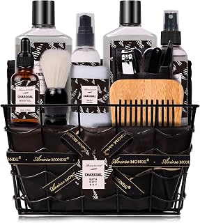 Ariosemonde Charcoal Bath & Body Gift Set for Men - 10pc Spa Kit with Shower Gel, Bubble Bath, Beard Balm | Father's Day, Birthday Gifts