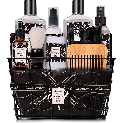 Father Day Gift for Men Spa Gifts for Men, Charcoal Bath and Body Gift Set for Men, 10 Pcs Spa Kits Ideal Birthday, Christmas. Men's Relaxation Bath Baskets, Self Care Kit