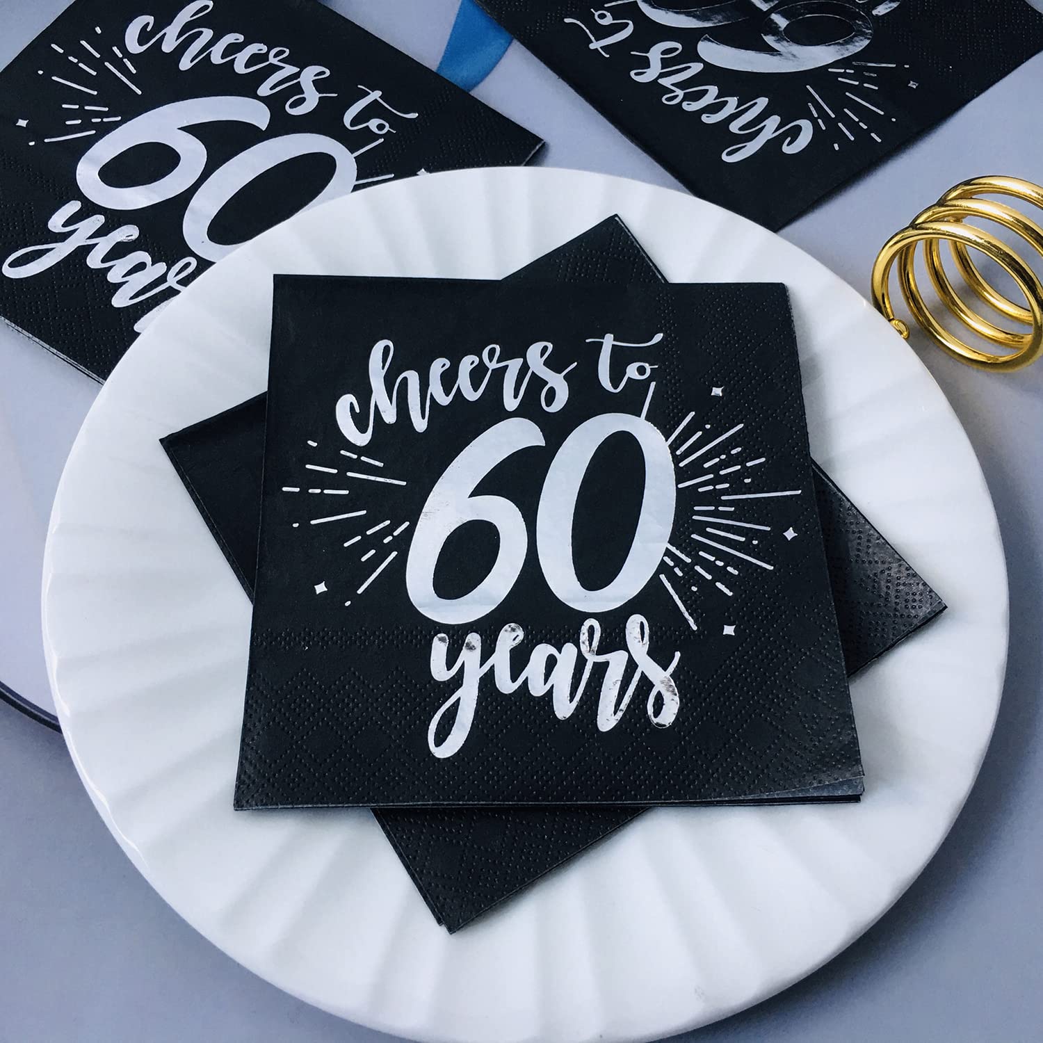 CHANGCAO50Pieces Silver60th Birthday Celebration Party Decorative Napkin Black60th Birthday Decorative Men's and Women's Party Supplies Cocktail Napkins in a black, Cheers to 60 Years
