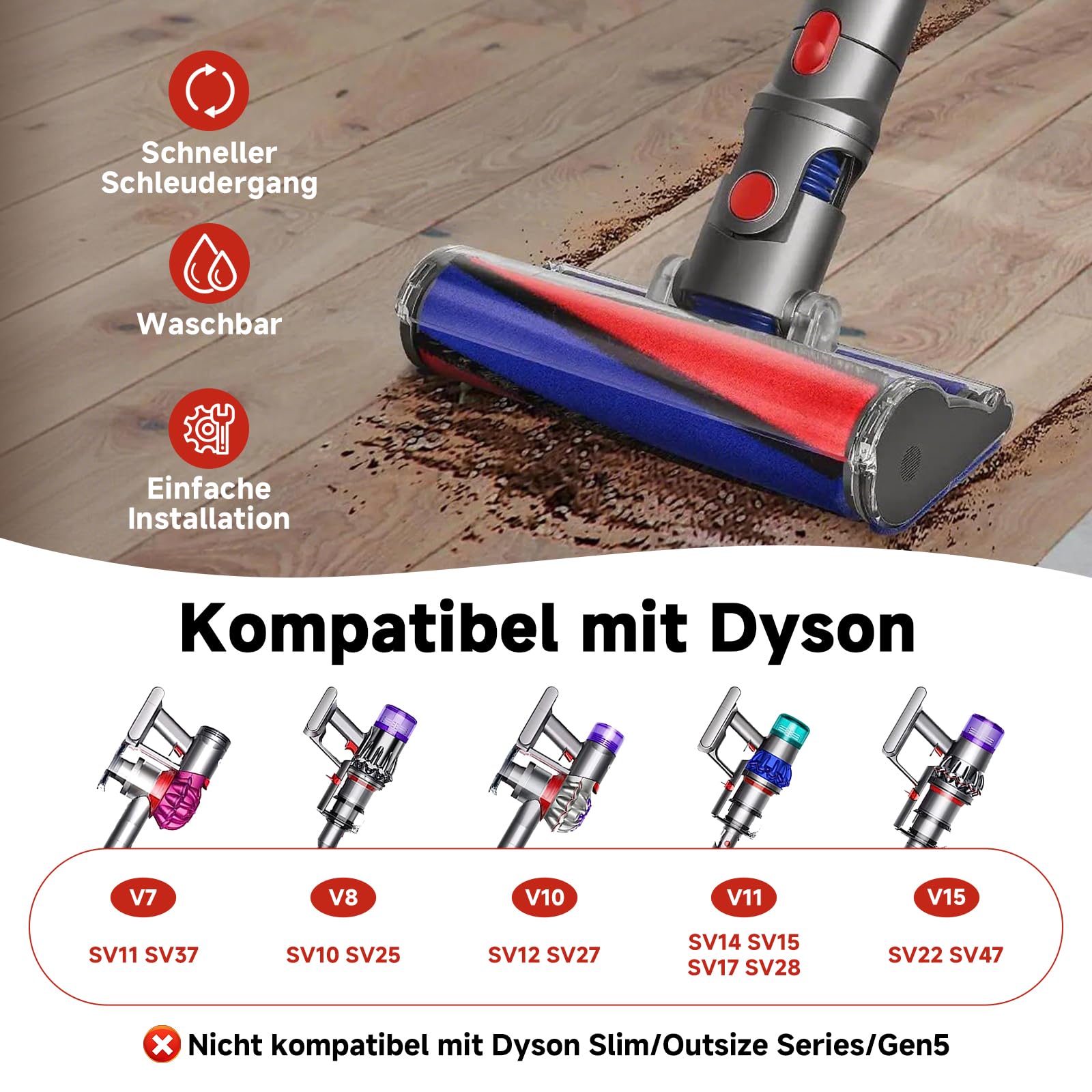V11 Bodendüse für Dyson V15/V10/V8,bürste für dyson SV10/SV12/SV14, Harte Böden ersatzbürste,Soft Roller Bürste Aufsatz,fluffy bodendüse