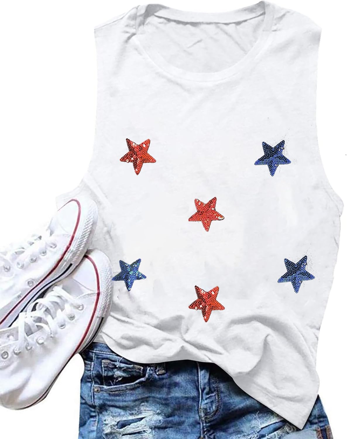 Women's Patriotic Sequin Star Tank Top American Flag Sleeveless Shirt 4th of July Summer Casual Tops