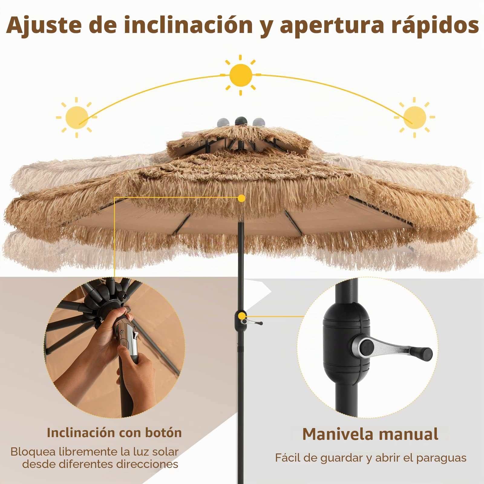 KOMFOTTEU Sombrilla Hawaiana de 2,7m con Doble Techo Plegable | Parasol de Paja de Playa, Sombrilla de Mercado para Jardín, Balcón, sin Base
