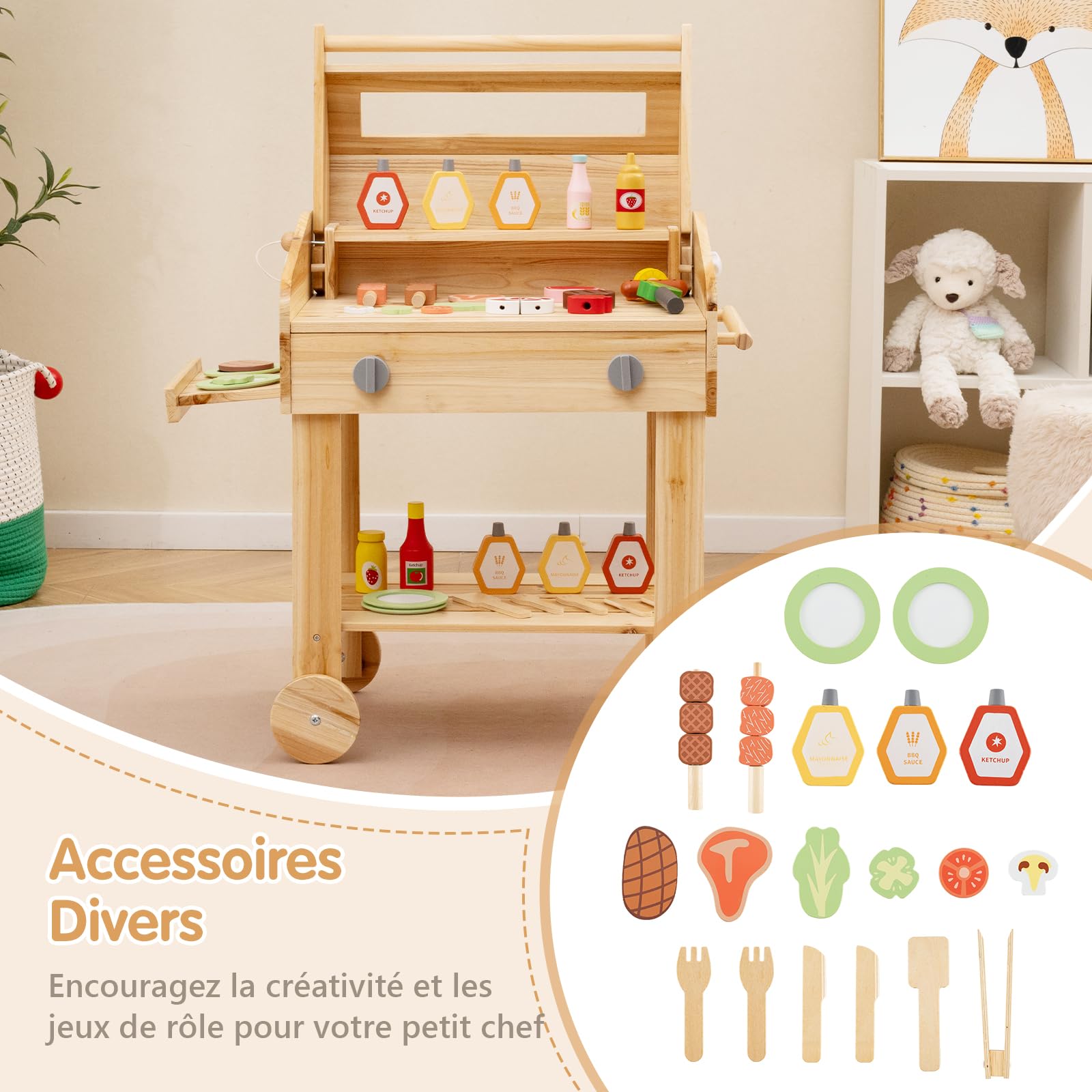 GOPLUS Barbecue en Bois Enfant, Jeu BBQ Set avec Nourriture de Jeu, Outils de Gril et Bouteilles d'Assaisonnement, Jouet de Cuisine Intérieur/Extérieur pour Enfant 3+ Ans