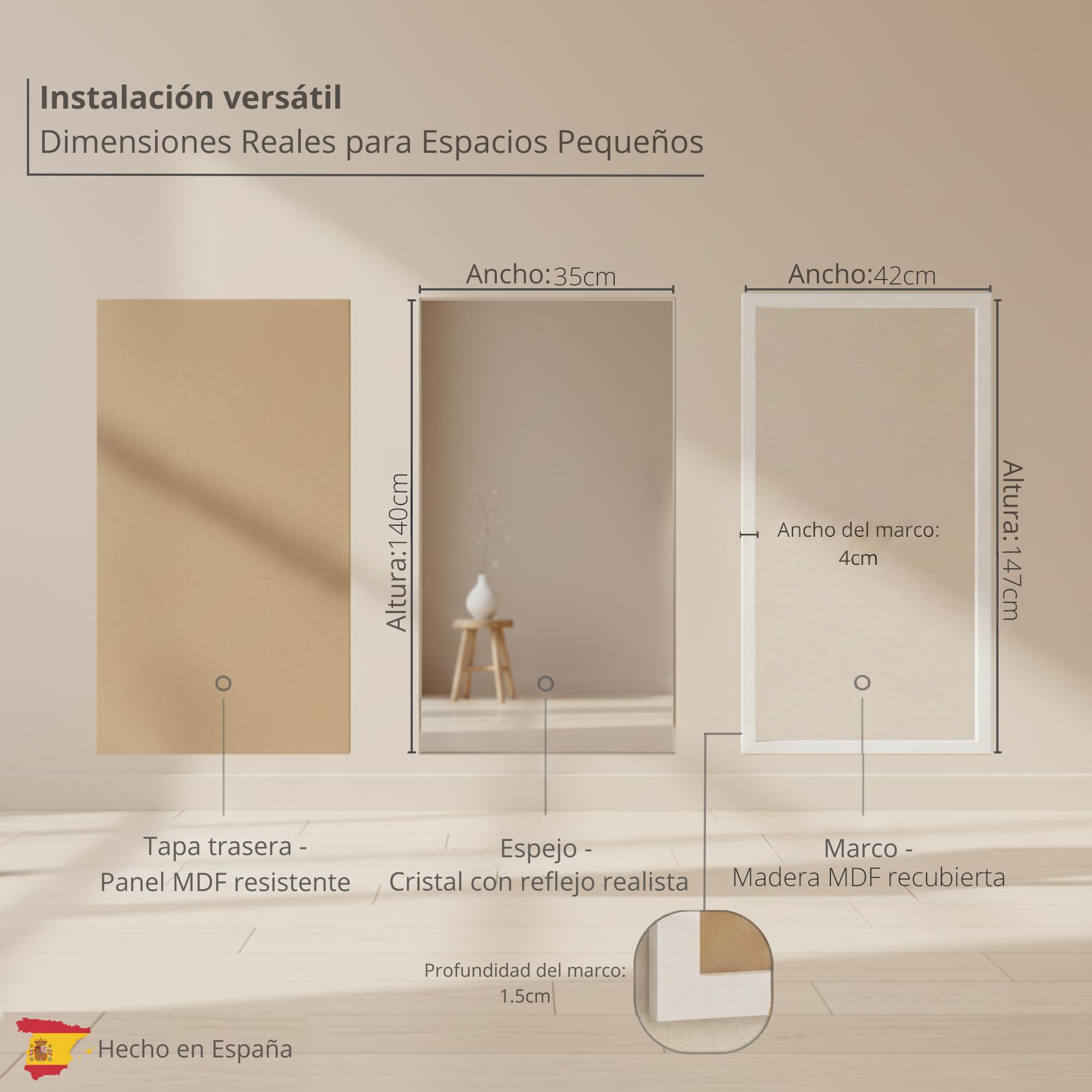 CHELY INTERMARKET MOD128 Espejo Pared Vertical Decorativo Grande Estilo Moderno Marco Madera Cuerpo Entero Elegante 35x140 cm Blanco Raya Ideal Recibidor Dormitorio Baño Incluye Kit Montaje
