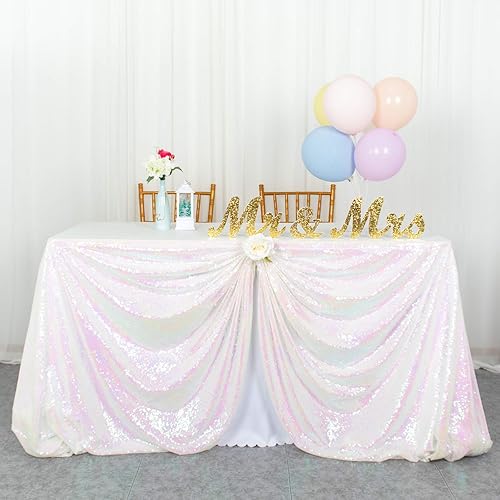 Mantel rectangular de lentejuelas de 50 x 72 pulgadas, blanco iridiscente para fiestas, mantel rectangular con purpurina blanca de tela de