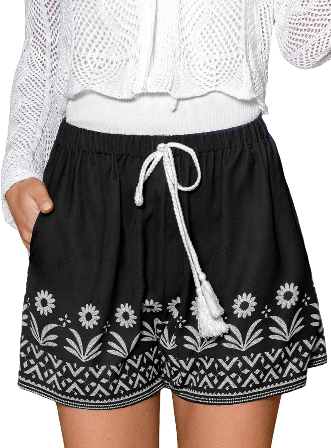 CUPSHE Women's Striped Shorts High Waist Smocked Drawstring Pockets | Cute Contrast Patch Details, Stretchy Ruffle Waist, Comfy Relaxed Fit, Chic Vibe, Summer Beach Vacation, Daily Wear