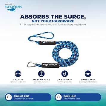 SandShark Premium Anchor Bungee Dock Line. Boat Accessories Anchor Line Absorbs Shock to Anchors and Docks w/Stainless Steel Clip - Blue - 7-14ft