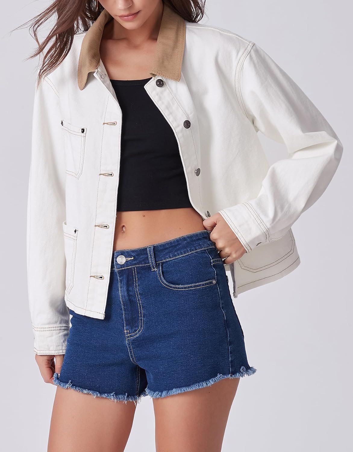 Kedera Women's Denim Jacket with Corduroy Collar Loose Fit Button Down Jean Shacket Vintage Classic Trendy Jean Jacket - Image 7