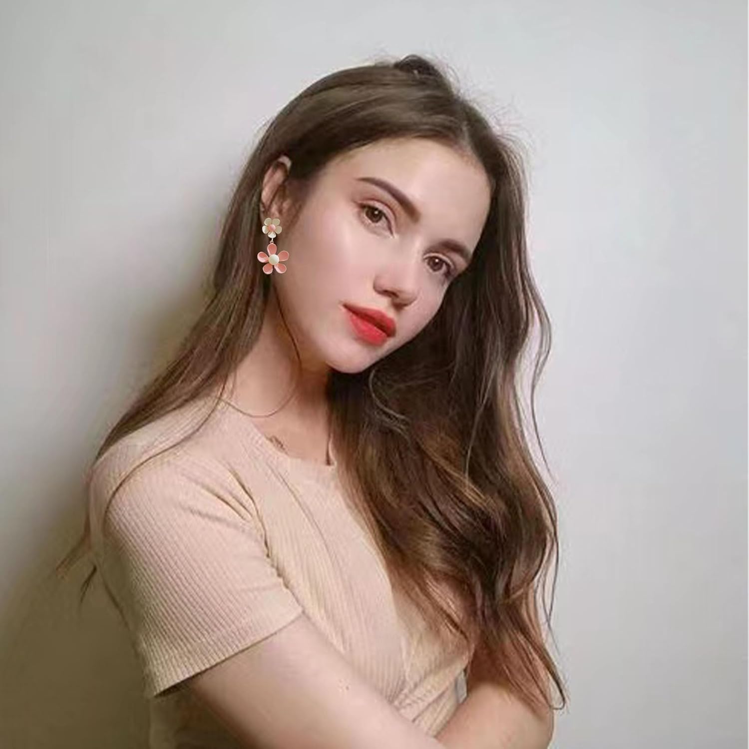 Anmpab Spray Painted Five Petal Flower Stud Earrings for Women Pearl Daisy Flower Dangle Earrings Spring Jewelry - Image 3