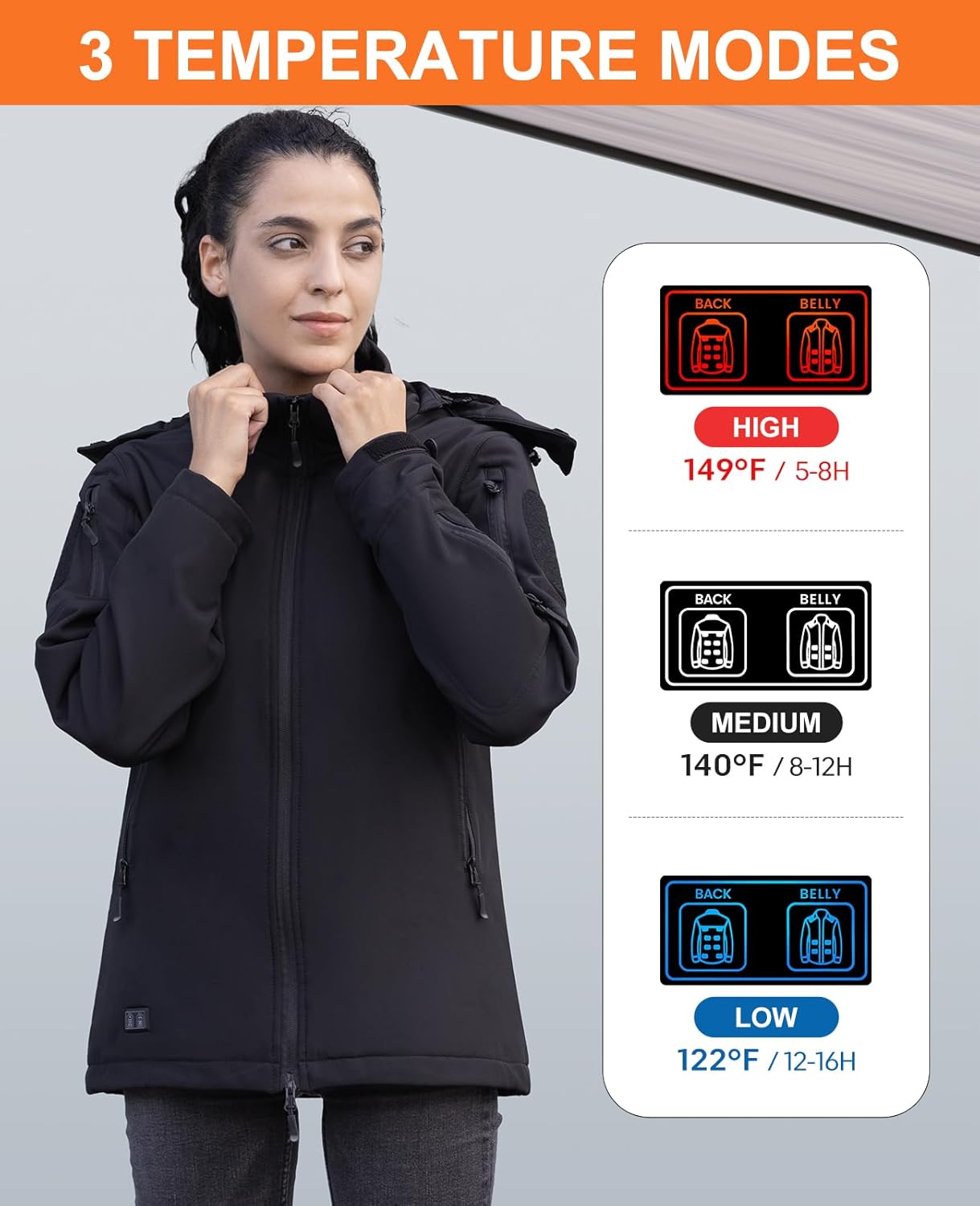 Heated Jacket for Women, Winter Outdoor Soft Shell Electric Heating Coat with Detachable Hood