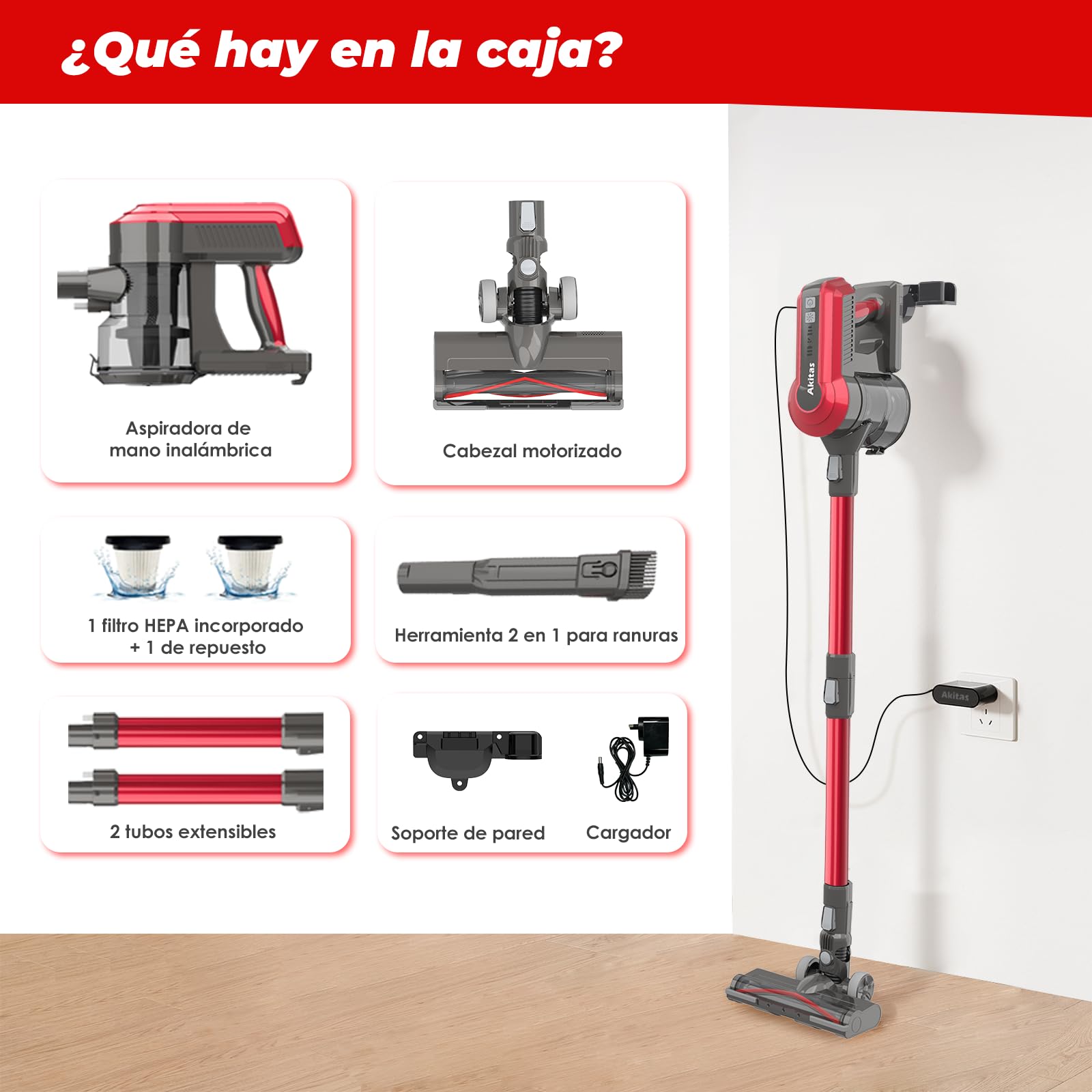 Akitas V10A Aspiradora sin Cable 45000Pa/450W/60Min Vertical Motor BLDC 3 Velocidades Ligera 2.15kg Cabezal Anti-Enredos para Pelo de Mascotas y Alfombras Batería de Litio