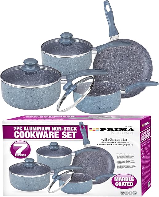 NTI 7 x Pcs Prima Aluminium Grey Marble Coated Cookware Set Non-Stick Saucepan Lid Pot Frypan Stockpots Home Kitchen Chef Healthy Food Cooker 16/18/20/24cm Housewarming Gifts, (15228C)