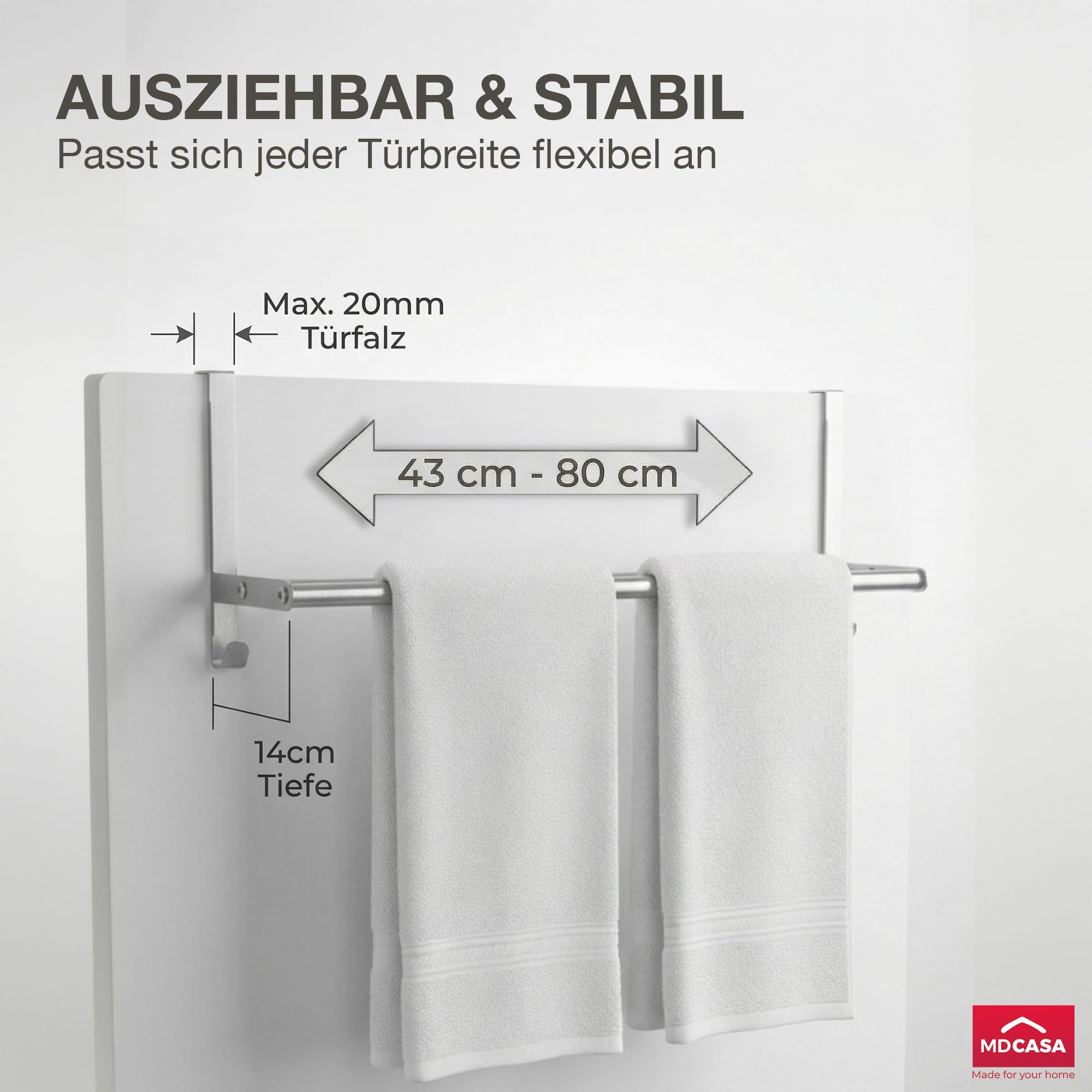 MDCASA Premium Handtuchstange I Handtuchhalter ohne Bohren & verstellbar inkl. Kratzschutz I Stabiler Handtuchhalter Tür für alle gängigen Türen