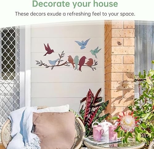 Miniatura 4 de Anjetan Arte de pared de metal vívido pájaro en rama de árbol, decoración de pared de pájaro en hojas, escultura de sala de estar, jardín balcón