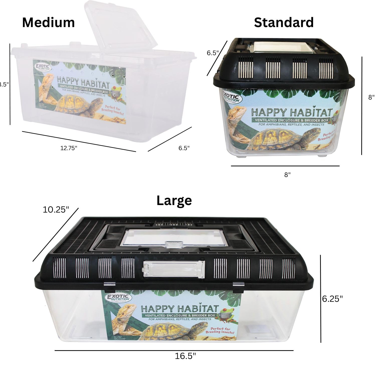 Happy Habitat – Recinto ventilado y caja de criador – para alimentador vivo de insectos, reptiles, anfibios y otras mascotas pequeñas – Terrario portátil de plástico duradero (mediano)