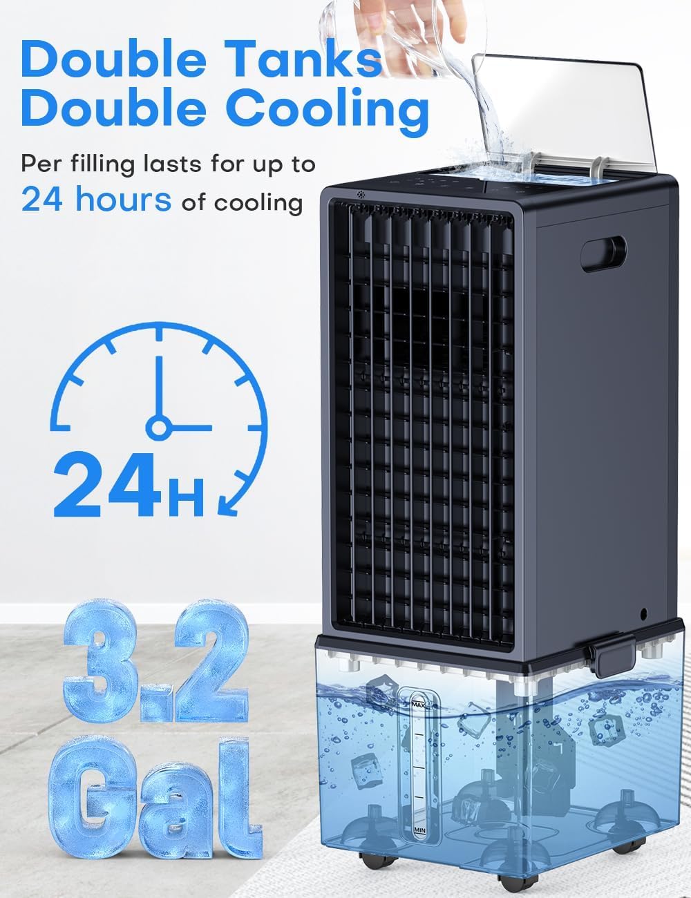 4-IN-1 Windowless Air Conditioner w/ 3.2-Gal Tank for 24H Cooling, 4 Wind Speeds & 4 Modes, LED Touch Screen, Waterless Alert System & 12H Timer, Remote, Portable Air Conditioners for Bedrooms