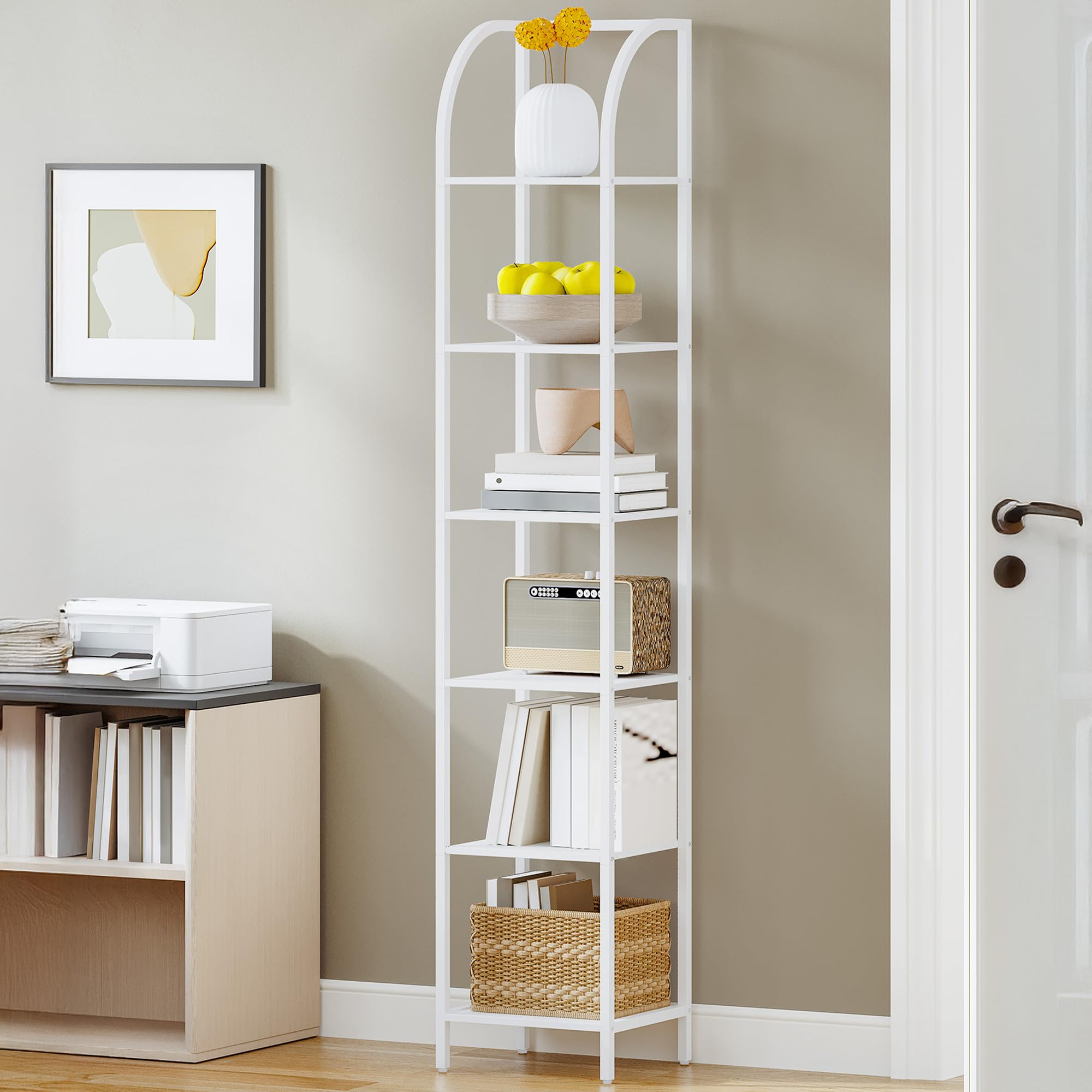 Hzuaneri Librería, Librería Vertical, Estantes Estrechos De 6 Niveles, Estantería Abierta, Estructura Metálica, Adecuada para Estudio, Salón, Dormitorio, Cocina, Blanco BC56013W | Estantería de pie para estudio, sala de estar, oficina en casa, estilo indu