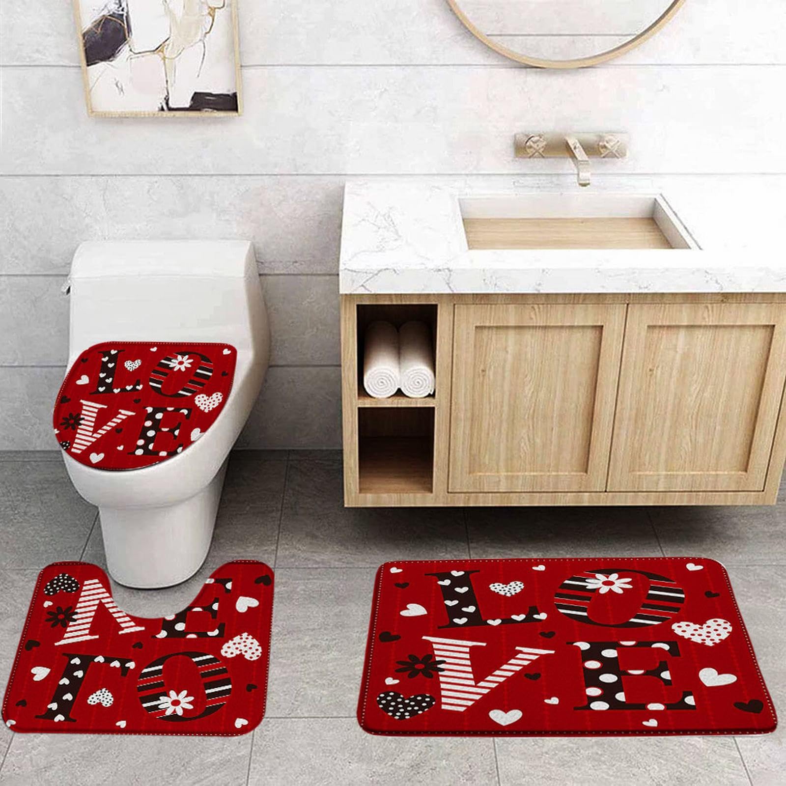 VPUPCN Valentine's Day 3 Pcs Bath Rugs Set,Red Black Love Heart Romantic Love Sweet Couple Modern Fashion Creative Bathroom Kitchen Rug with 17.8