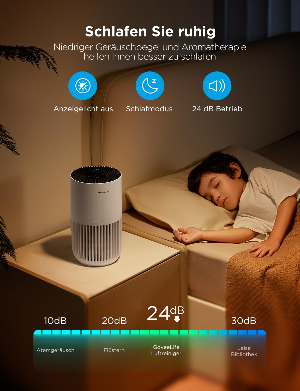 GoveeLife Mini-Luftreiniger fürs Schlafzimmer, intellig. HEPA-Filter mit Alexa-App-Steuerung gegen Tierhaare, Gerüche, Pollen, Rauch, Tragb. Luftreiniger mit 3 Geschwindigkeiten, 2 Modi, Timer, Aromen
