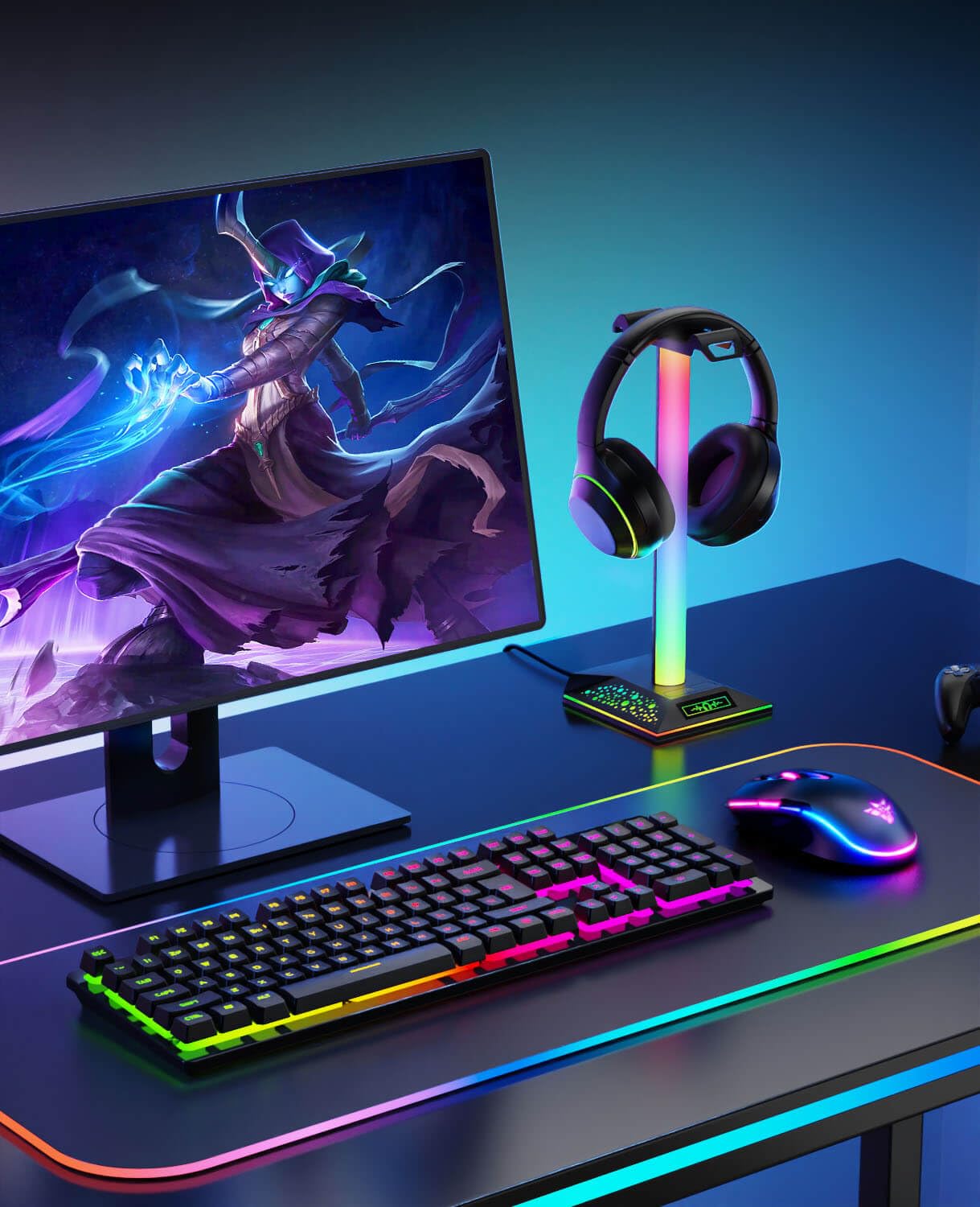 RGB Gaming Headset Ständer, LED Headset Halter mit 3 Ladeanschlüssen (2 USB & 1 Type-C) & 10 Beleuchtungsmodi, Kopfhörerständer Cool Stuff für Jungen, Schreibtisch PC Gaming Zubehör Geschenke für