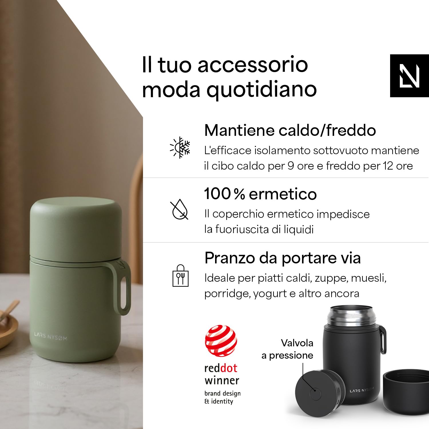 LARS NYSØM Barattolo Termico in Acciaio Inox - Contenitore Pranzo Ermetico per Alimenti Caldi e Freddi, Thermos Bocca Larga per Zuppe, Lavoro e Viaggio (Carbon Black, 700ml)