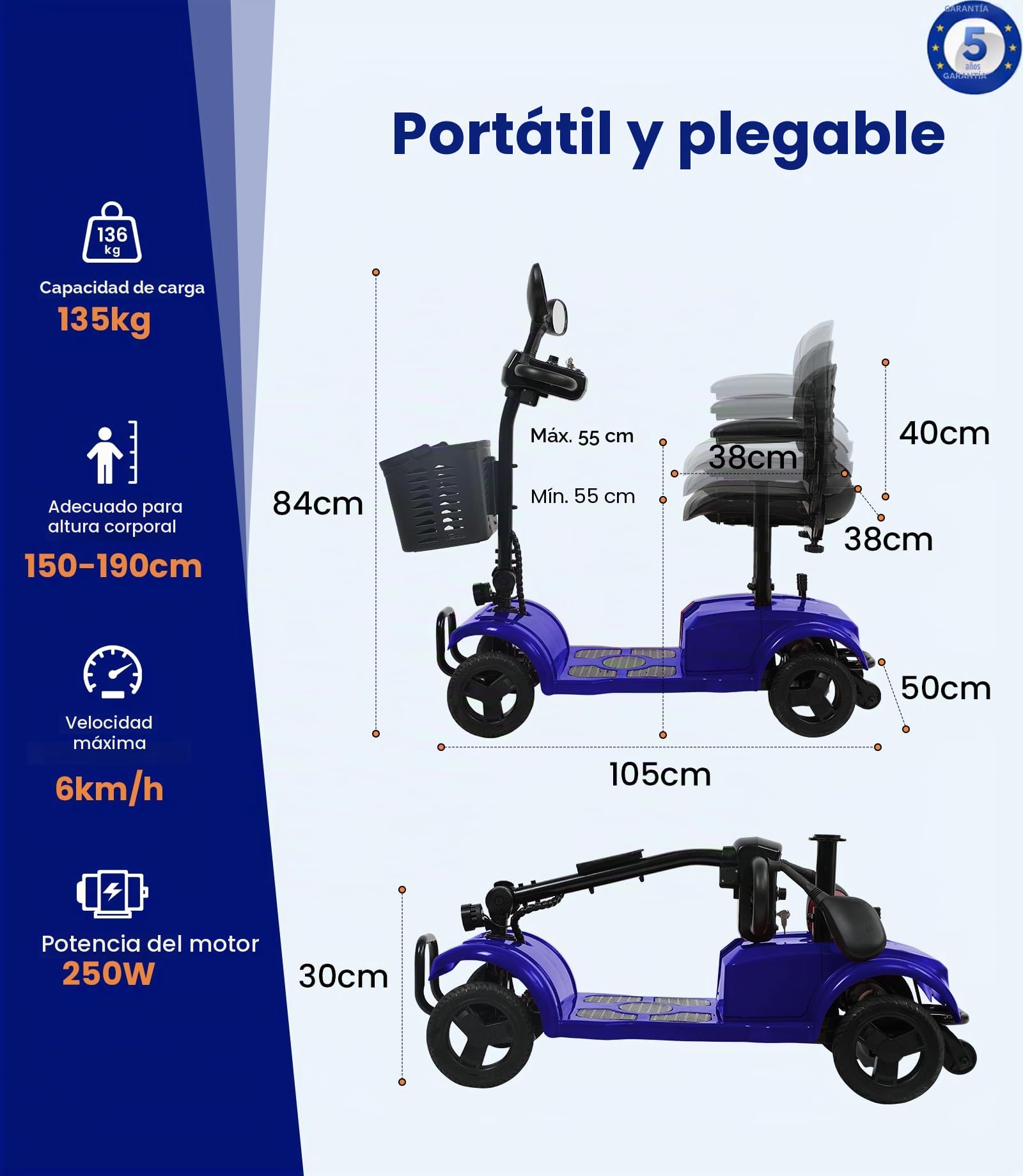 VOCIC D42 Movilidad scooter plegable 135KG, 20KM Scooter de movilidad | 4 ruedas Estable para personas mayores con Neumáticos Antipinchazos para todo terreno,apoyo 5 Años| Azul