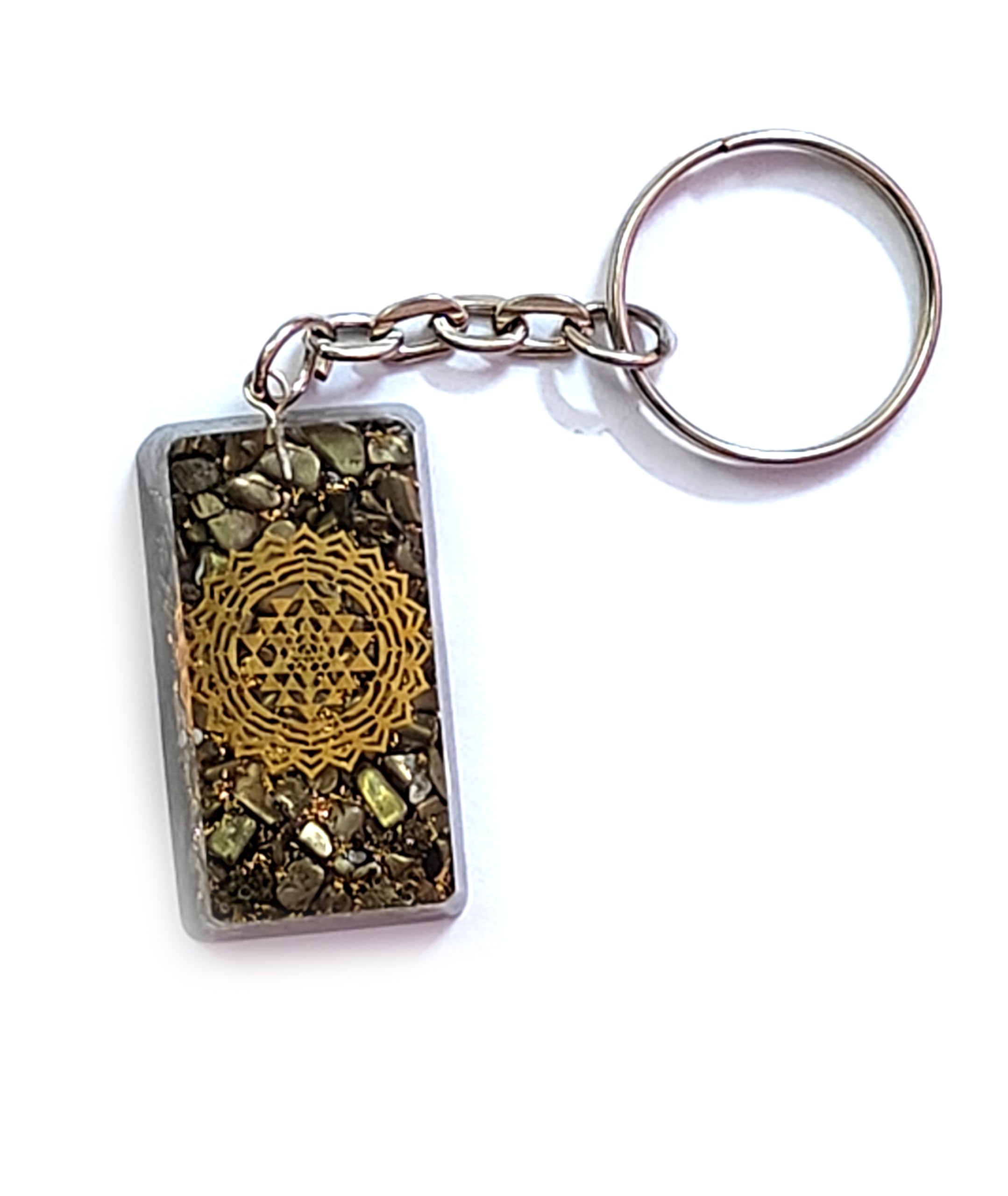 ASTROGHARShri yantra Laxmi Yantra Pyrite Crystal Chips Inside Orgone key Chain key Ring