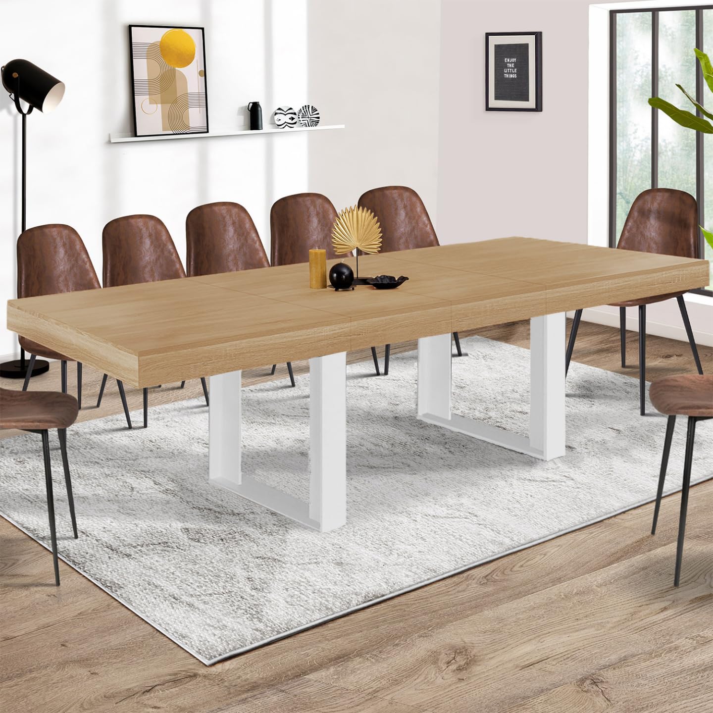 IDMarket - Mesa de comedor extensible rectangular Phoenix 6-12 personas, madera y blanco, 200-300 cm