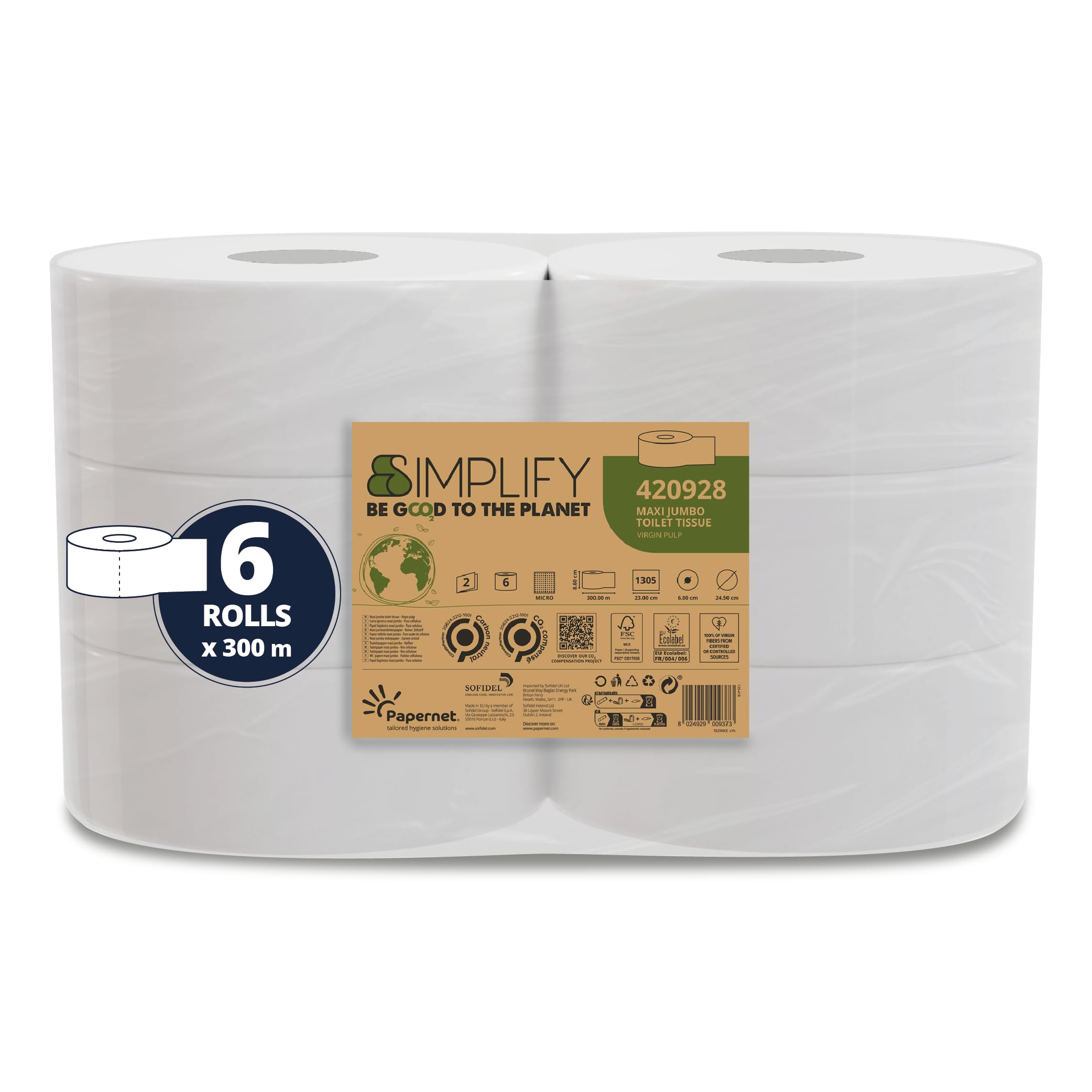 Papernet Simplify 420928 Jumbo Jumbo Toilet Paper, 6 Rolls of Pure Cellulose Paper, 300 m Each, 2 Ply, 7830 Services, 8.5 x 23 cm