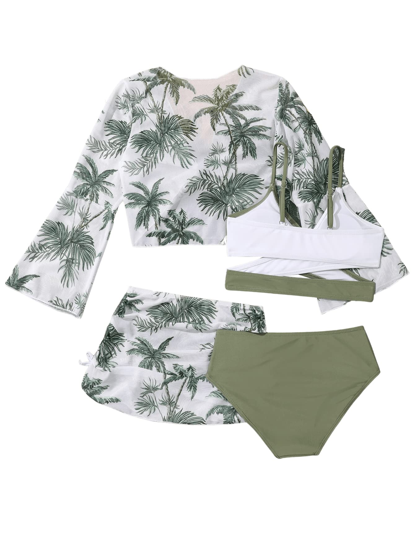 Verdusa Girl's 4 Piece Swimwear Crisscross Bikini Sets with Tropical Print Cover Up Green White 11-12Y