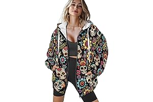 Womens Oversized Sugar Skull hoodie with Zipper Pockets