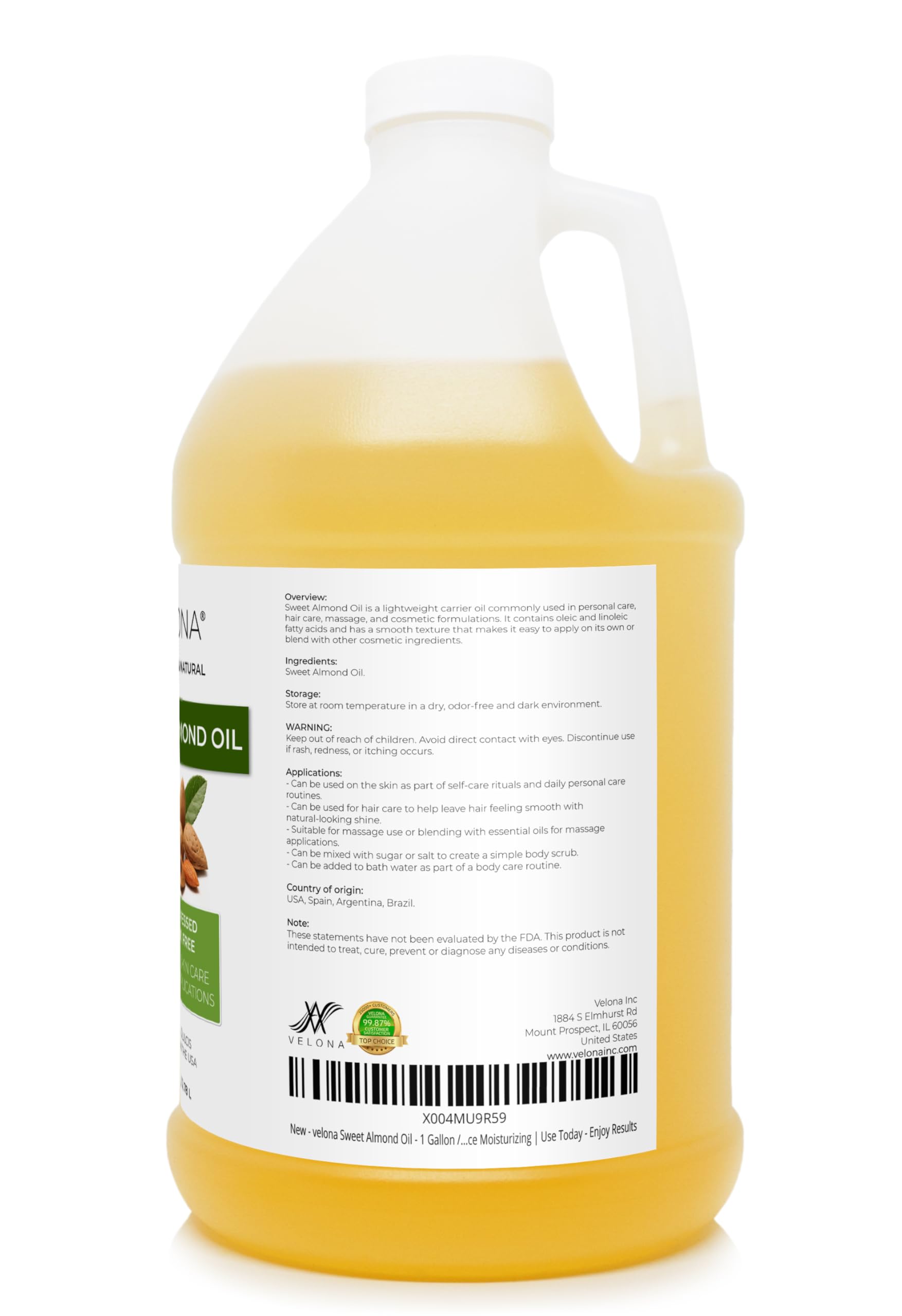 Velona Sweet Almond Oil - 1 Gallon, Cold Pressed Carrier Oil